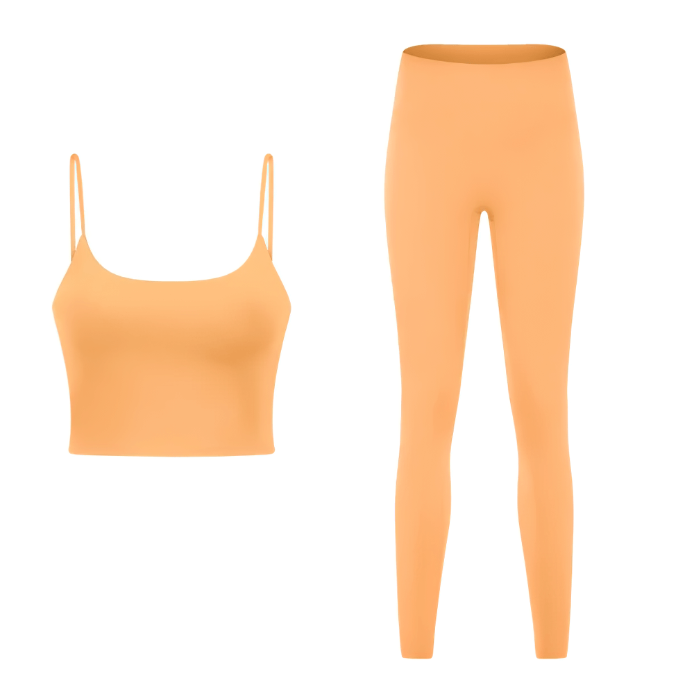 Eco-friendly quick dry sleeveless yoga set SF2144 in solid orange, includes crop top and leggings, anti-pilling and breathable.